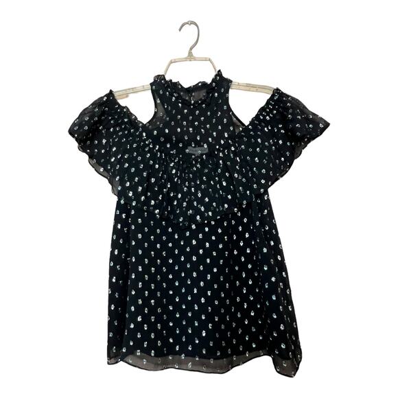 Rebecca Taylor Cold Shoulder Print silver Clipped Jacquard Top Black Sz 0 - Picture 3 of 11